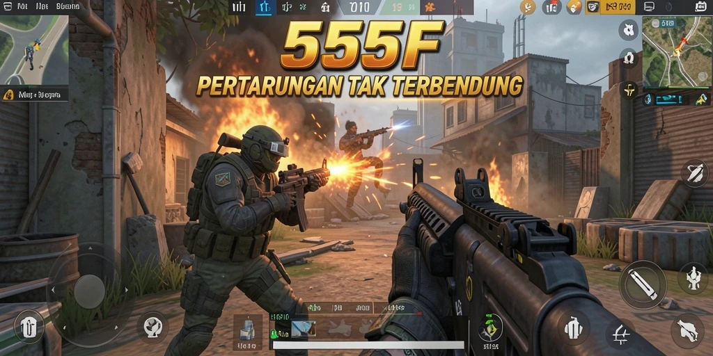 Screenshot utama 555F menampilkan aksi pertempuran FPS yang mendebarkan.