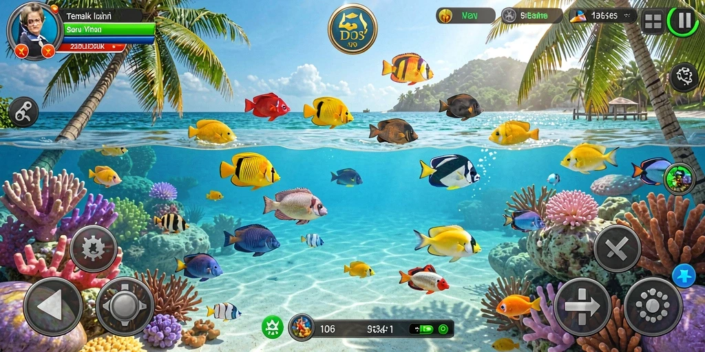 Screenshot dari gameplay D06 yang menampilkan aksi menembak ikan.