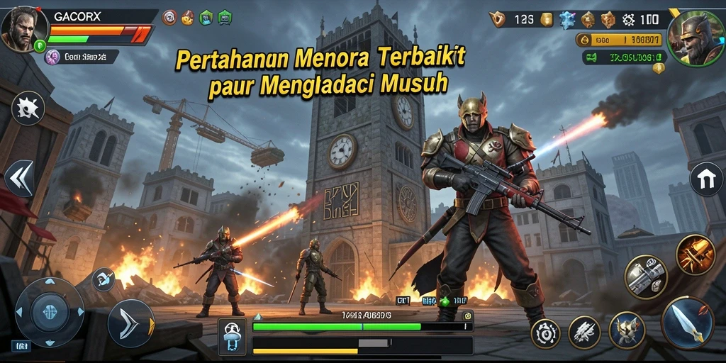 Screenshot menunjukkan aksi intens dalam game Tower Defense GACORX.