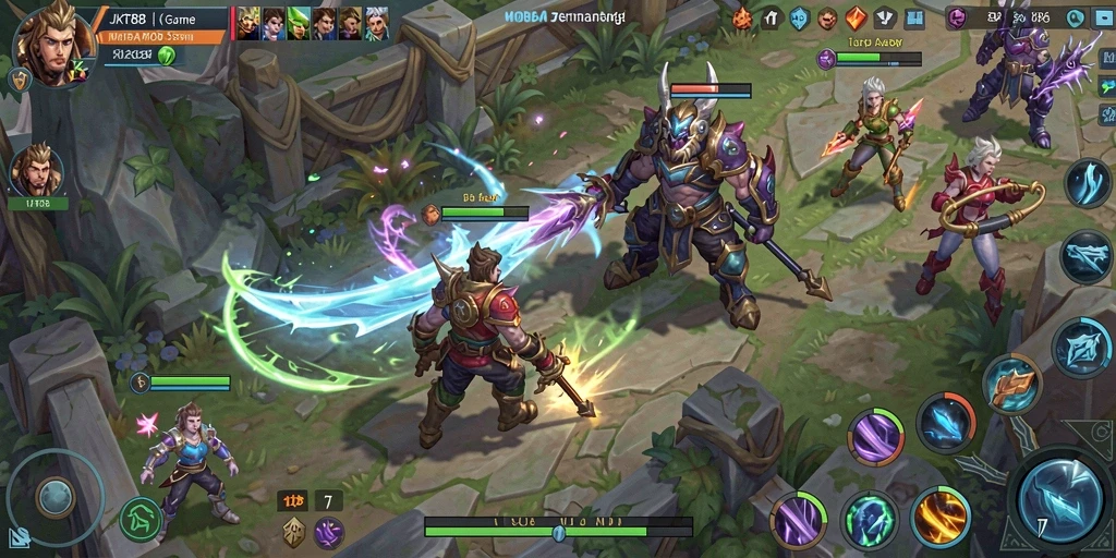 Screenshot gameplay JKT88 menampilkan aksi pertempuran seru MOBA.