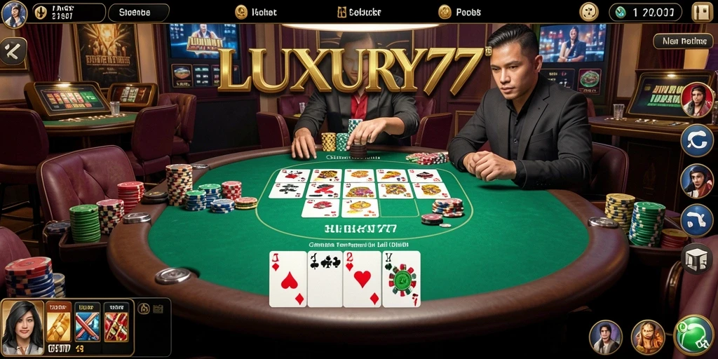 Screenshot gameplay LUXURY777 menampilkan suasana poker yang seru dan menegangkan.