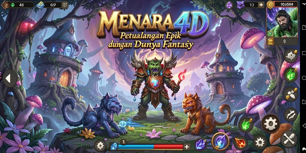 Screenshot MENARA4D menampilkan aksi pertempuran spektakuler di dunia fantasi.