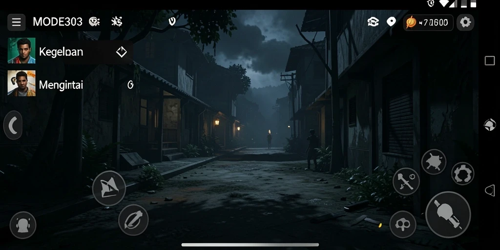 Screenshot gameplay MODE303 menunjukkan suasana kegelapan yang mencekam.