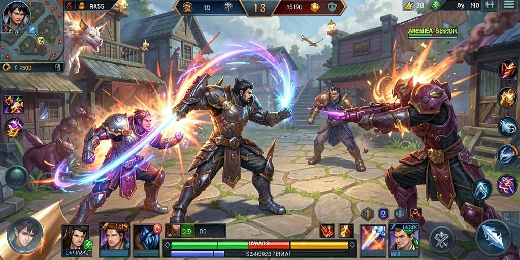 Gameplay MOBA seru di RK55 dengan karakter aksi intens.