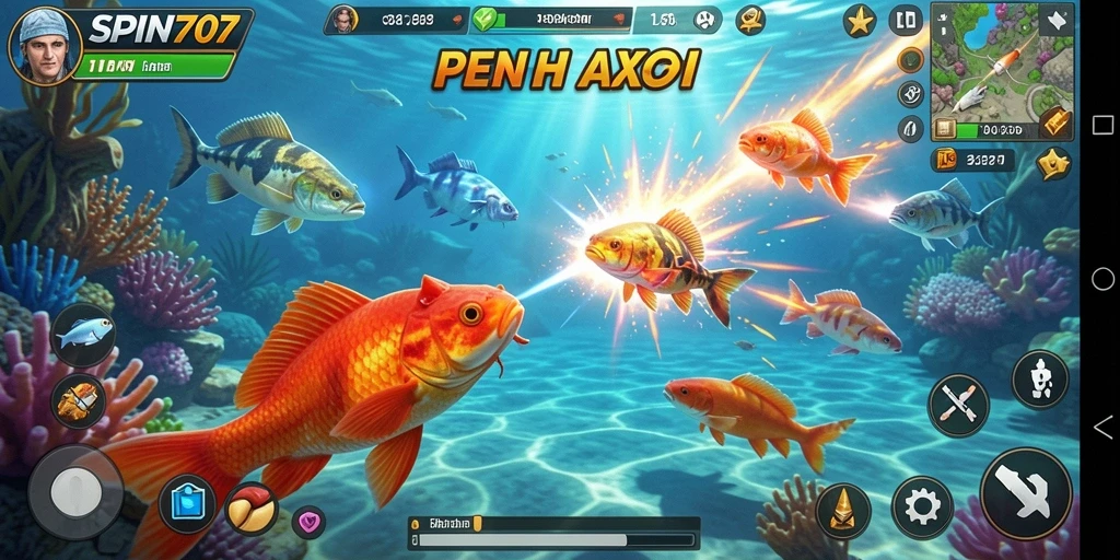 Tangkapan layar yang menampilkan aksi memancing dalam game Tembak Ikan.