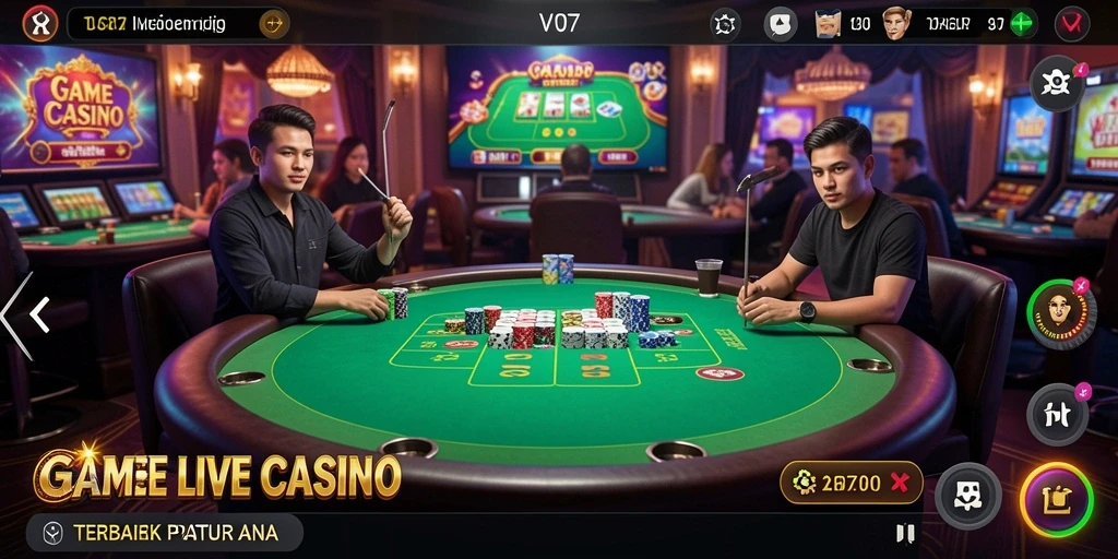 Tampilan gameplay V07 yang memikat dengan dealer langsung dan suasana kasino yang nyata.
