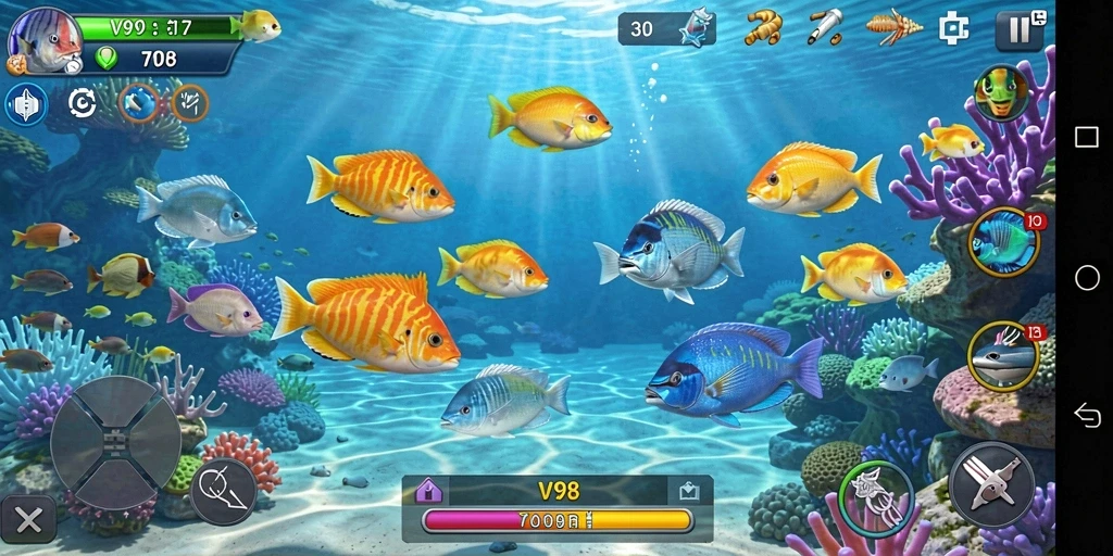Tampilan gameplay V98 yang seru, menangkap ikan dengan cepat.