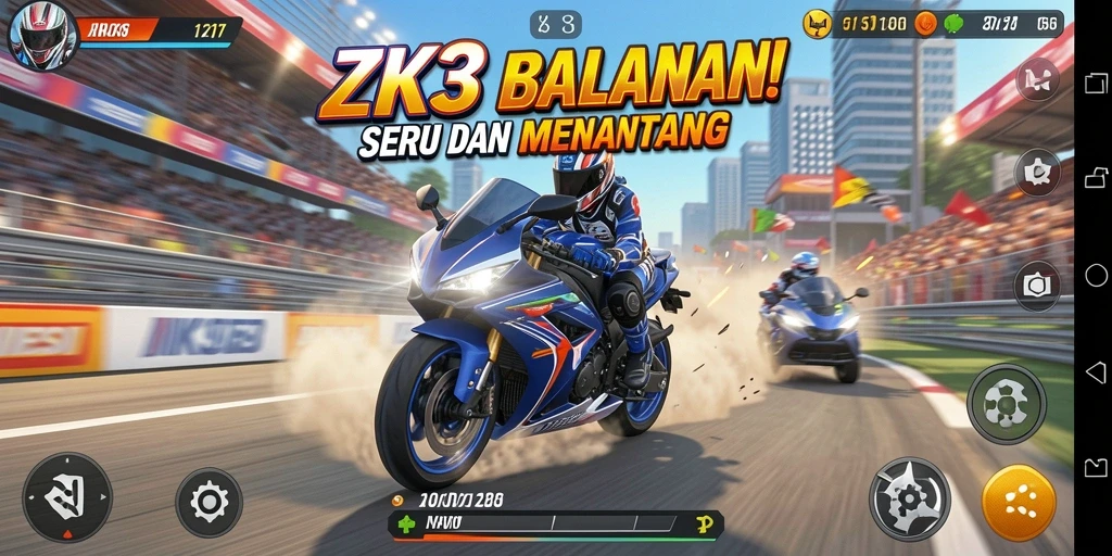 Screenshot dari gameplay seru ZK3 yang menampilkan balapan motor.